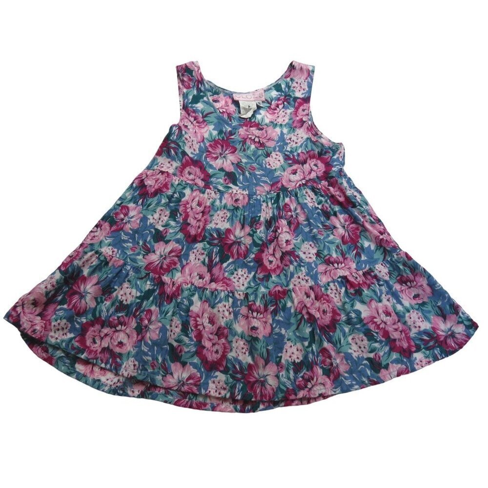 Vintage CLOZ'S 90s Girl's Pink Blue Rayon Floral Sleeveless Babydoll Dress S